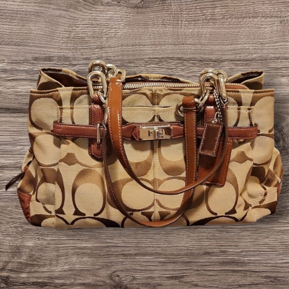 Coach Signature Tote with brown leather and silver chain links. - Picture 1 of 9